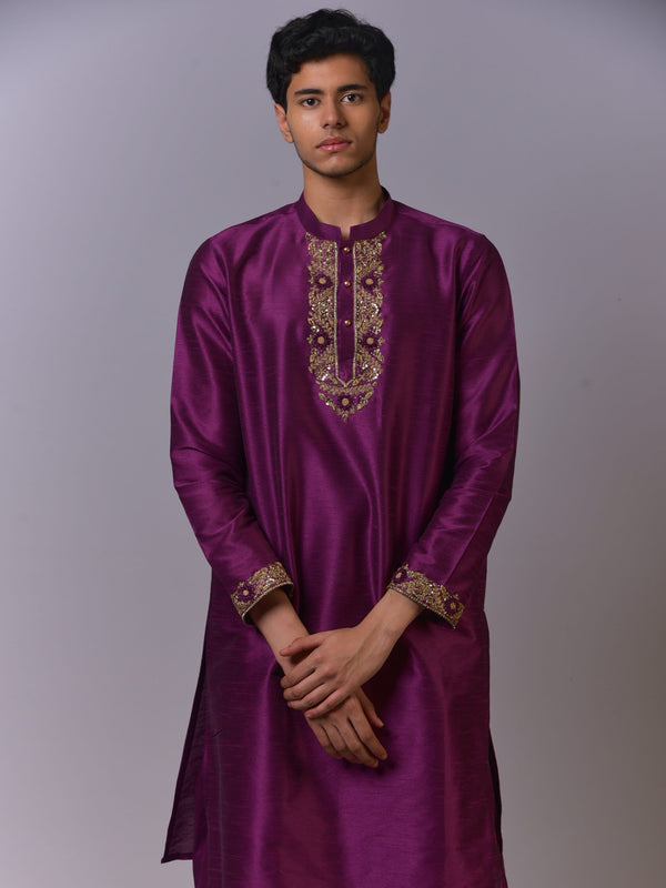 Royal Purple Silk Kurta-Pajama with Golden Embroidery