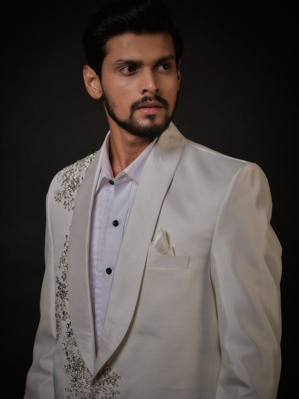 Ivory Embroidered Tuxedo with Contemporary Floral Detailing