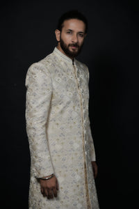 Champagne Floral Embroidered Sherwani with Premium Detailing view 3