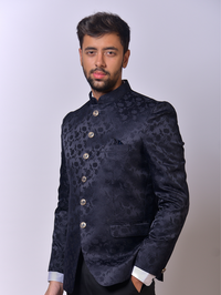 Navy Blue Jacquard Buttoned Bandh Gala view 1