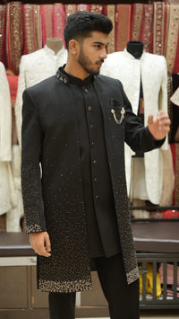 Classic Black Embellished Indo-Western Long Jacket Set with Statement Collar view 2