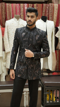 Midnight Black Floral Jacquard Bandhgala Set view 4