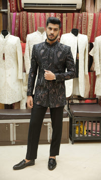 Midnight Black Floral Jacquard Bandhgala Set view 3
