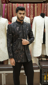 Midnight Black Floral Jacquard Bandhgala Set view 2