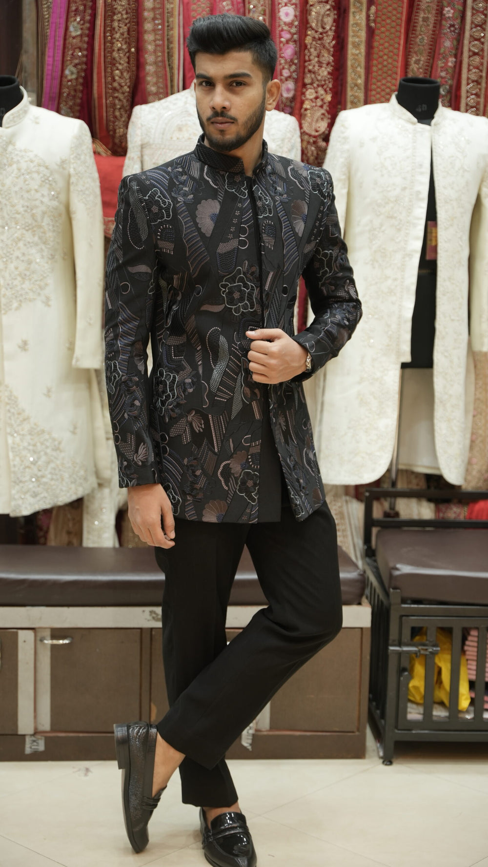 Midnight Black Floral Jacquard Bandhgala Set