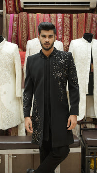 Black Asymmetrical Embroidered Indo-Western Long Jacket Set view 2