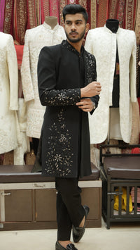 Black Asymmetrical Embroidered Indo-Western Long Jacket Set view 1