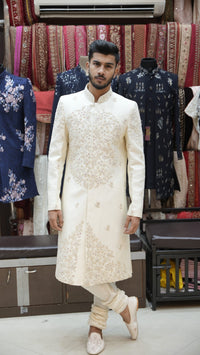Cream Floral Embroidered Sherwani Set with Intricate Front Panel Work view 1