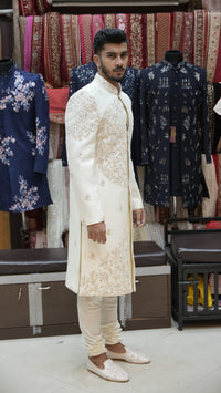 Cream Floral Embroidered Sherwani Set with Intricate Front Panel Work view 2