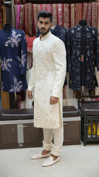 Cream Floral Embroidered Sherwani Set with Intricate Front Panel Work view 3