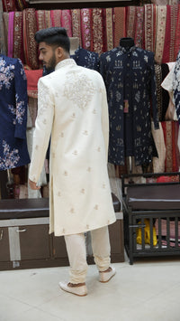 Cream Floral Embroidered Sherwani Set with Intricate Front Panel Work view 4