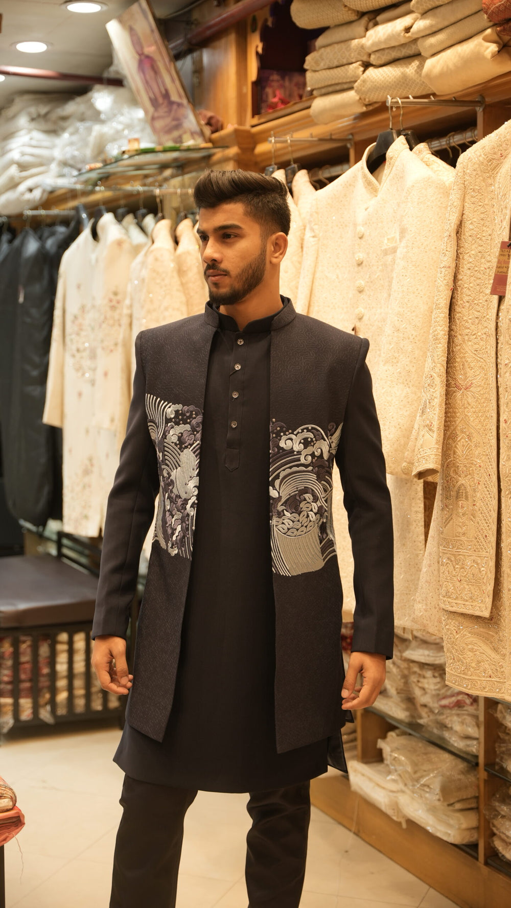 CLASSIC BLUE INDO-WESTERN WITH SILVER WAVE EMBROIDERY
