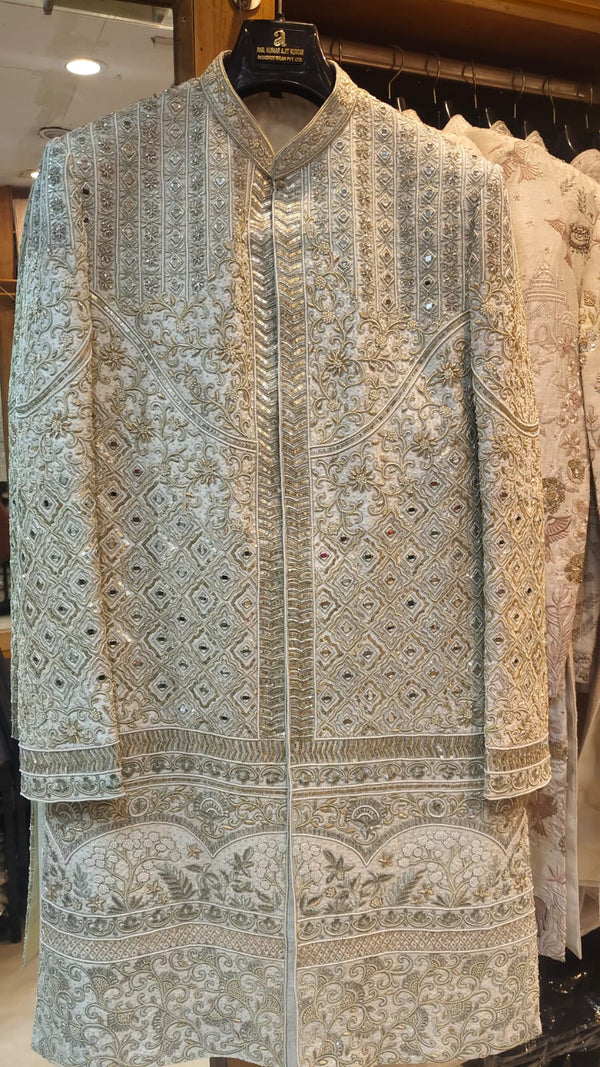 Ice Blue Heritage Geometric Embroidered Sherwani
