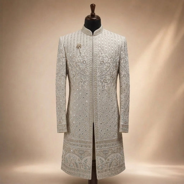 Ice Blue Heritage Geometric Embroidered Sherwani