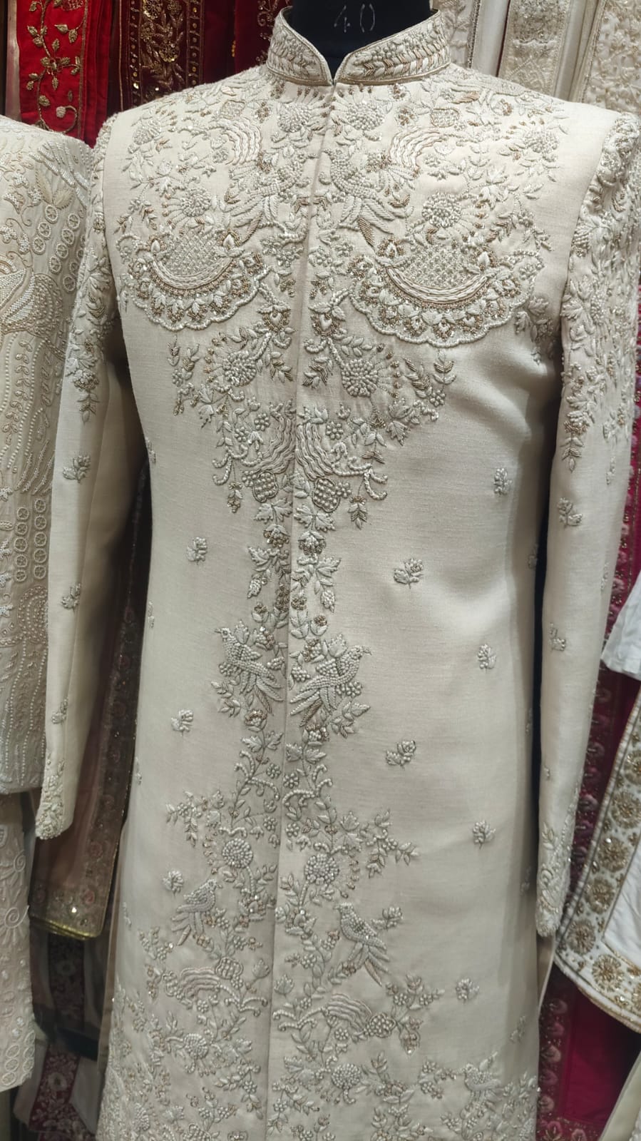 Ivory Floral Peacock Heritage Embroidered Sherwani