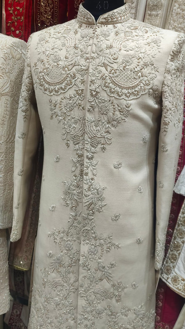 Ivory Floral Peacock Heritage Embroidered Sherwani