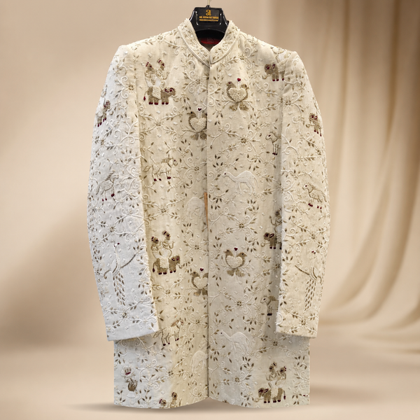 Ivory Regal Wildlife Hand-Embroidered Wedding Sherwani