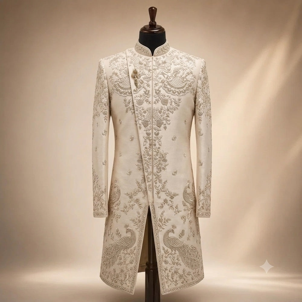 Ivory Floral Peacock Heritage Embroidered Sherwani