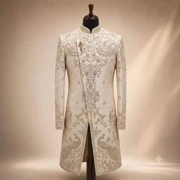 Ivory Floral Peacock Heritage Embroidered Sherwani