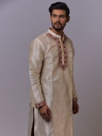 Beige Silk Kurta-Pajama with Maroon Embroidered Detailing view 2