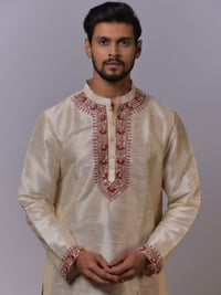 Beige Silk Kurta-Pajama with Maroon Embroidered Detailing view 1