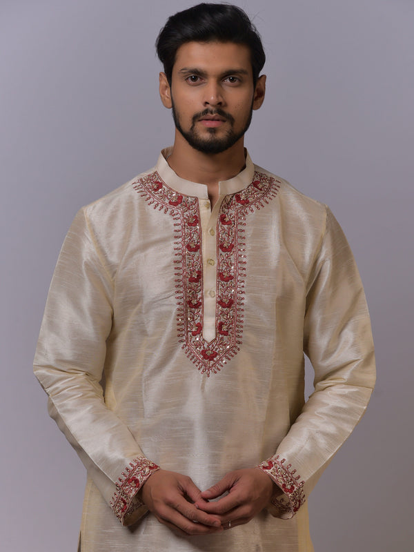 Beige Silk Kurta-Pajama with Maroon Embroidered Detailing