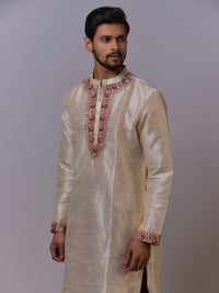 Beige Silk Kurta-Pajama with Maroon Embroidered Detailing view 3