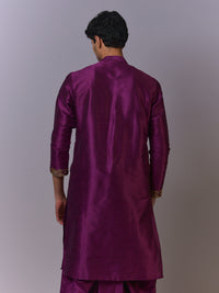 Royal Purple Silk Kurta-Pajama with Golden Embroidery view 3