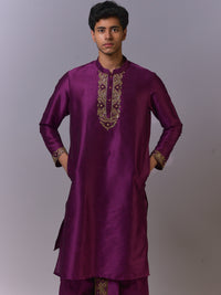 Royal Purple Silk Kurta-Pajama with Golden Embroidery view 2
