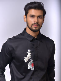 Black Shirt with White Floral and Red Accent Embroidery view 2