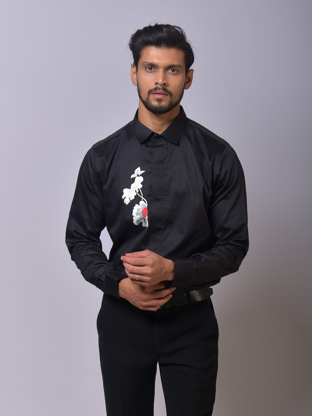 Black Shirt with White Floral and Red Accent Embroidery