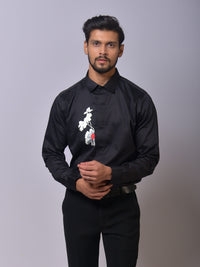 Black Shirt with White Floral and Red Accent Embroidery view 1