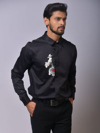 Black Shirt with White Floral and Red Accent Embroidery view 3