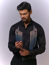 Black Designer Shirt with Multicolor Vertical Stripe Accents view 3