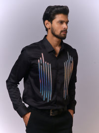Black Designer Shirt with Multicolor Vertical Stripe Accents view 2