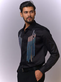 Black Designer Shirt with Multicolor Vertical Stripe Accents view 1