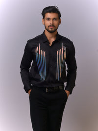 Black Designer Shirt with Multicolor Vertical Stripe Accents view 4