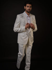 Ivory Embroidered Tuxedo with Contemporary Floral Detailing view 3