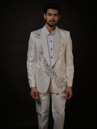 Ivory Embroidered Tuxedo with Contemporary Floral Detailing view 4