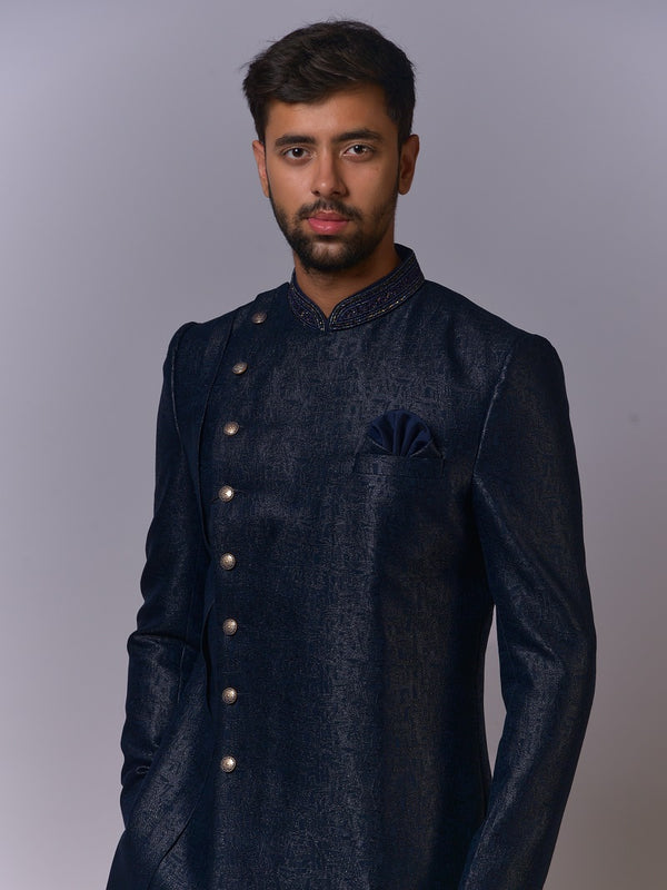 Asymmetrical Charcoal Panelled Sherwani
