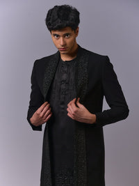 All-Black Embroidered Long Jacket Set view 1