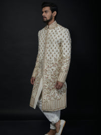 Ivory and Gold Floral Embroidered Sherwani with Elegant Detailing view 3