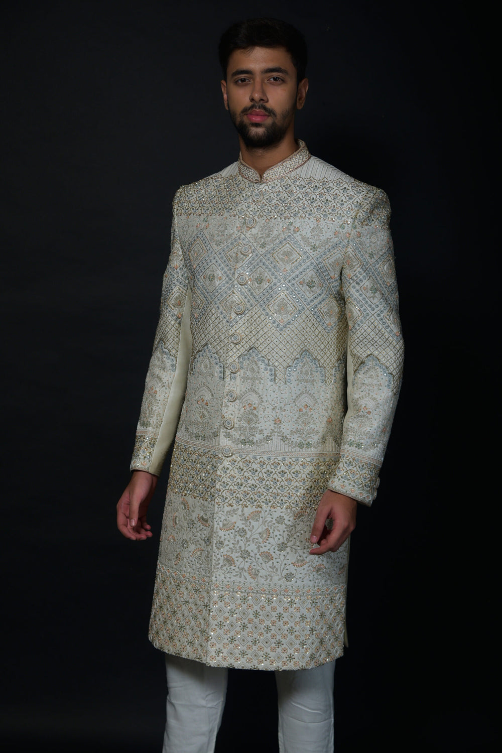 Ivory and Blue Embroidered Sherwani with Regal Detailing