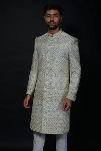 Ivory and Blue Embroidered Sherwani with Regal Detailing view 1