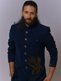 Midnight Blue Hawk Embroidered Bandh Gala view 3