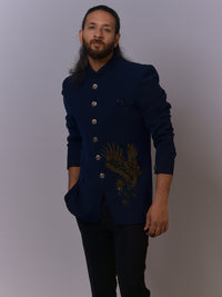 Midnight Blue Hawk Embroidered Bandh Gala view 4