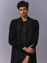 All-Black Embroidered Long Jacket Set view 2