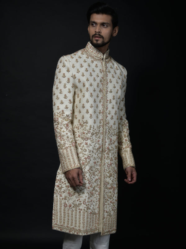 Ivory and Gold Floral Embroidered Sherwani with Elegant Detailing
