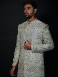 Ivory Crystal Embellished Sherwani with Intricate Floral Embroidery view 2
