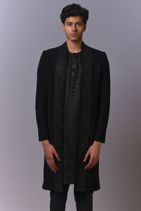 All-Black Embroidered Long Jacket Set view 4